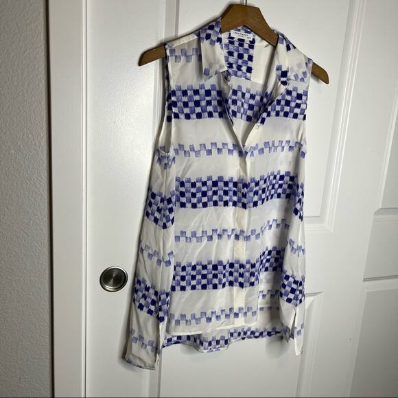 Equipment Femme Mika Blue Check Patterned 100% Silk Sleeveless Button Up Size XS - Picture 2 of 6